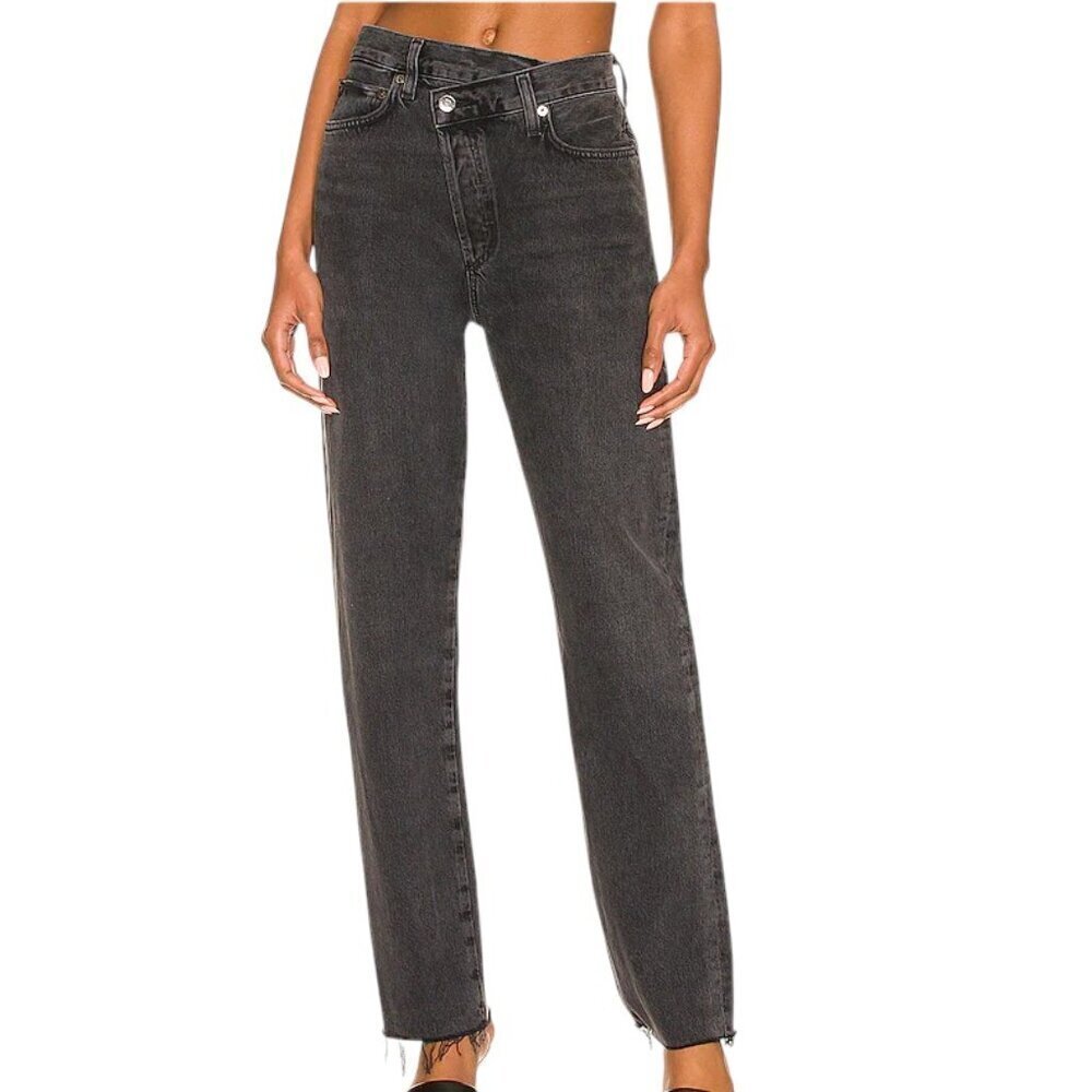 AGOLDE Womens Criss Cross Straight Leg Fray Bottom Jeans, Gray Wash, Size 23